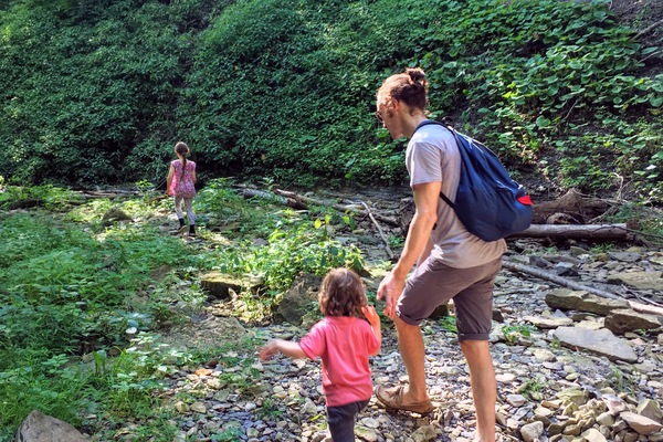 family hike in forest